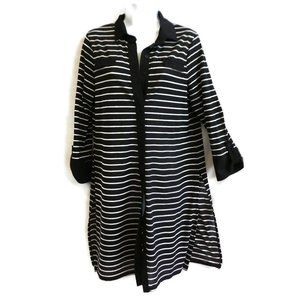 Chico's Duster Nylon Lightweight Black White Striped Roll Tab Button Cuffs M